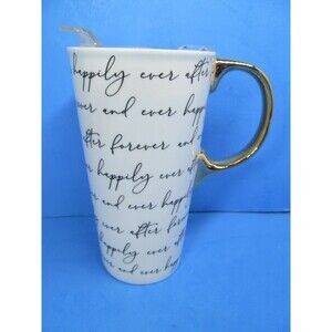 White Happily Ever After Mug Gold Handle Script Coffee Cup Bridal Wedding Gift
